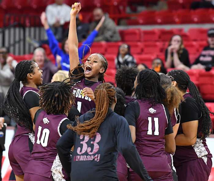 Mansfield Timberview celebrates defeating Amarillo High 55-52 during the 5A regional tournament on Friday, February 23, 2024 at Kay Yeager Coliseum.